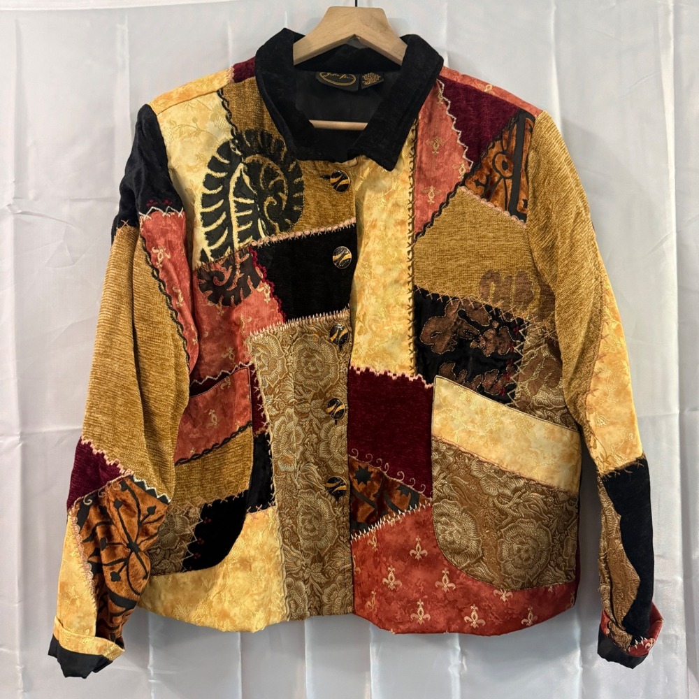 Julia Kim Vintage Patchwork Jacket Womens Large Velvet Brocade Boho Multi-Color